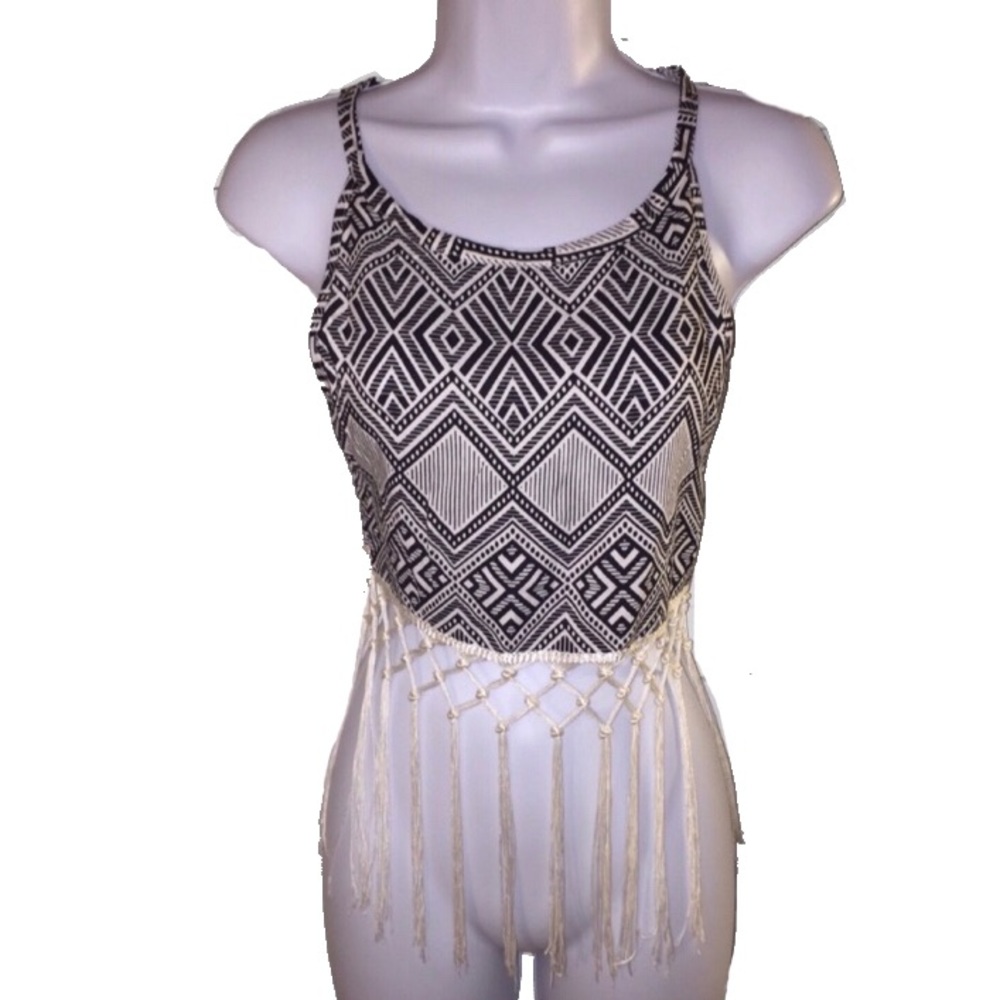Black and white fringe crop top